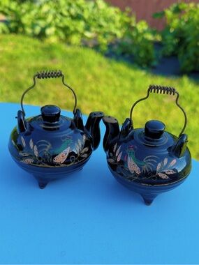 Black Hand-Painted Ceramic Vase Pair with Rooster Motif
